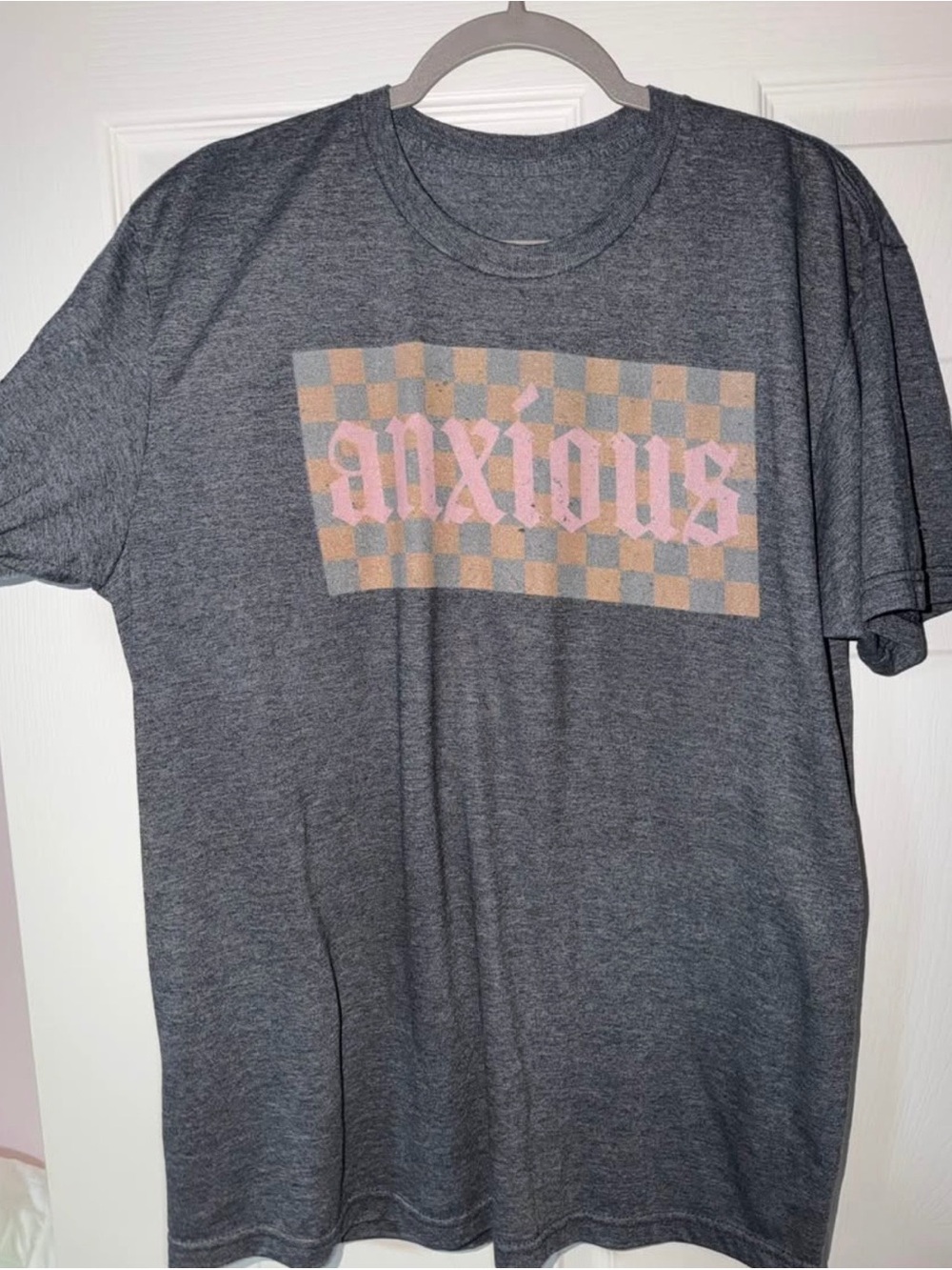 Large Anxious checkered Graphic Tee - Gray Short Sleeve Shirt
